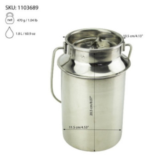 bidon lapte din inox cu capac însoțit de informații despre dimensiuni greutate și capacitate