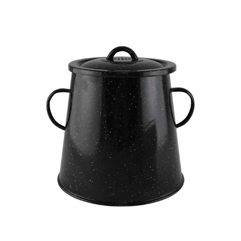 Bidon emailat negru, garniță smălțuită cu mânere și capac cu aerisire pentru depozitat untură, lapte și alte alimente 5.7L