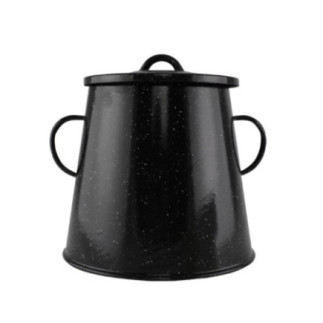 vas tradițional emailat negru conic pentru untură cu două mânere și capac cu găuri de aerisire
