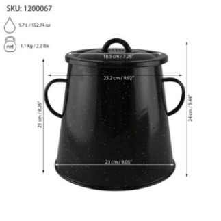 găniță de untură emailată neagră cu informații despre dimensiuni și capacitate