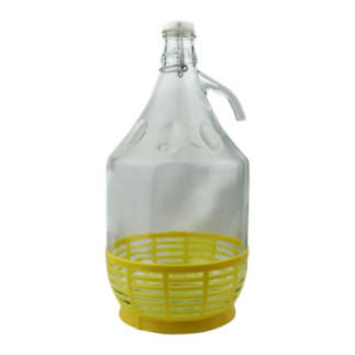 damigeană din sticlă cu mâner și dop cu închidere metalică în coș împletit din plastic