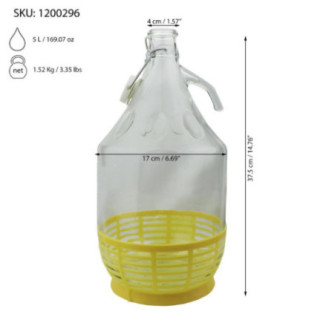damigeană de 5 L din sticlă cu informații despre capacitate greutate și dimensiuni