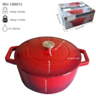 cratiță din fontă emailată roșie și detalii vizuale despre ambalaj greutate capacitate și dimensiuni