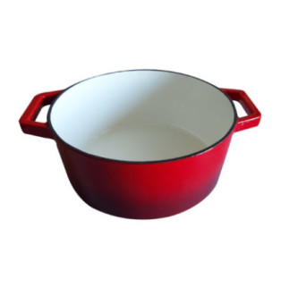 cratiță solidă din fontă cu două mânere turnate roșie la exterior și albă în interior