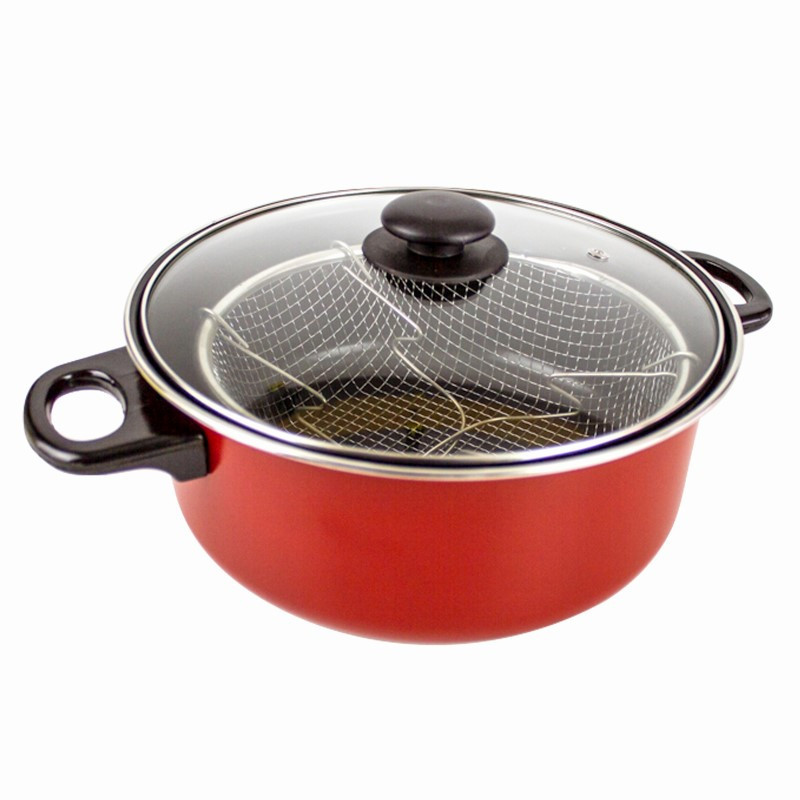 Friteuză tip oală de aragaz cu coș metalic și capac din sticlă, perfectă pentru prăjire uniformă în baie de ulei, 24 cm