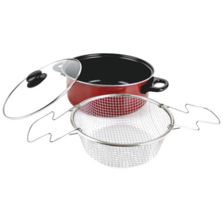 Friteuză tip oală de aragaz cu coș metalic și capac din sticlă, perfectă pentru prăjire uniformă în baie de ulei, 24 cm