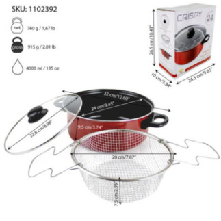 friteuză pentru aragaz roșie din aluminiu cu capac și coș interior însoțită de informații despre dimensiuni