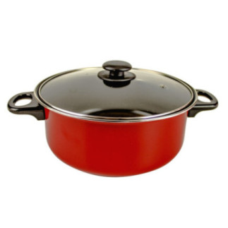 cratiță joasă roșie cu două mânere și capac din sticlă