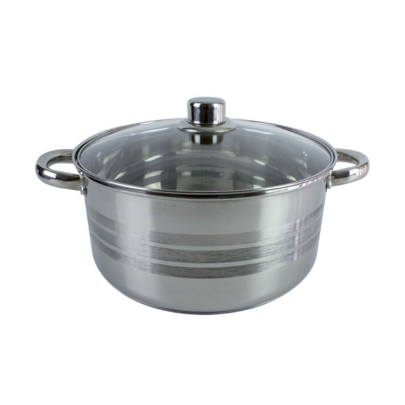 Cratiță din inox, gradată pe interior, cu două mânere și capac din sticlă, ideală pentru gătit supe, ciorbe și tocănițe, 7L