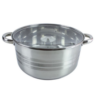 cratiță din inox pentru ciorbe cu două mânere rotunjite și capac din sticlă