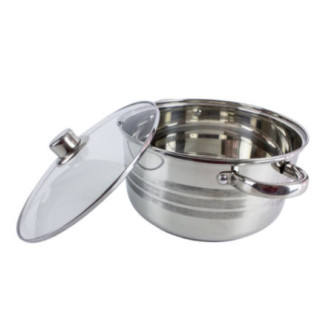 cratiță pentru fiert și gătit din inox cu capac din sticlă transparent sprijinit de ea