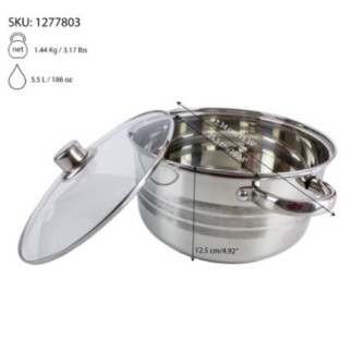 cratiță inox cu capac din sticlă termorezistentă și specificații despre greutate capacitate și dimensiuni