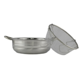 cratiță din inox cu două mânere și coș din sârmă împletit și detașabil pentru prăjit în baie de ulei