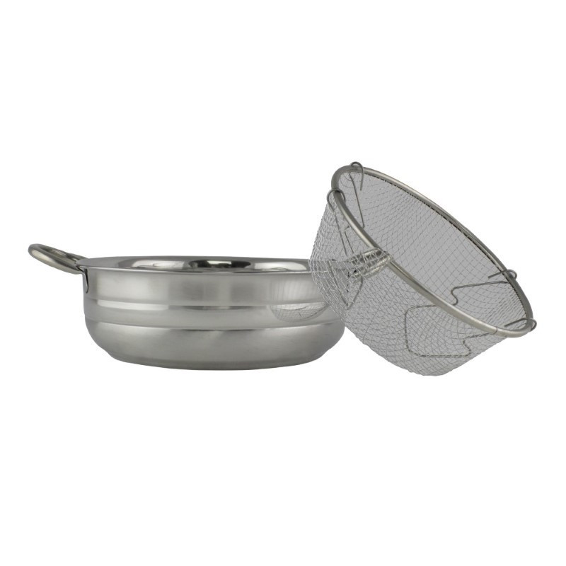 Friteuză tip oală de aragaz din inox cu coș metalic, perfectă pentru prăjire uniformă în baie de ulei, cartofi, gogoși, 25.5 cm