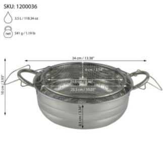 cratiță inox cu mânere și coș pentru prăjit însoțită de informații despre dimensiuni greutate și capacitate