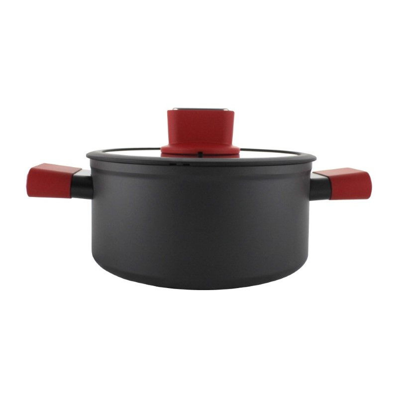 Cratiță din aluminiu, antiaderenta, cu capac de sticlă și mânere învelite în silicon roșu, distribuție uniformă a căldurii, 3L