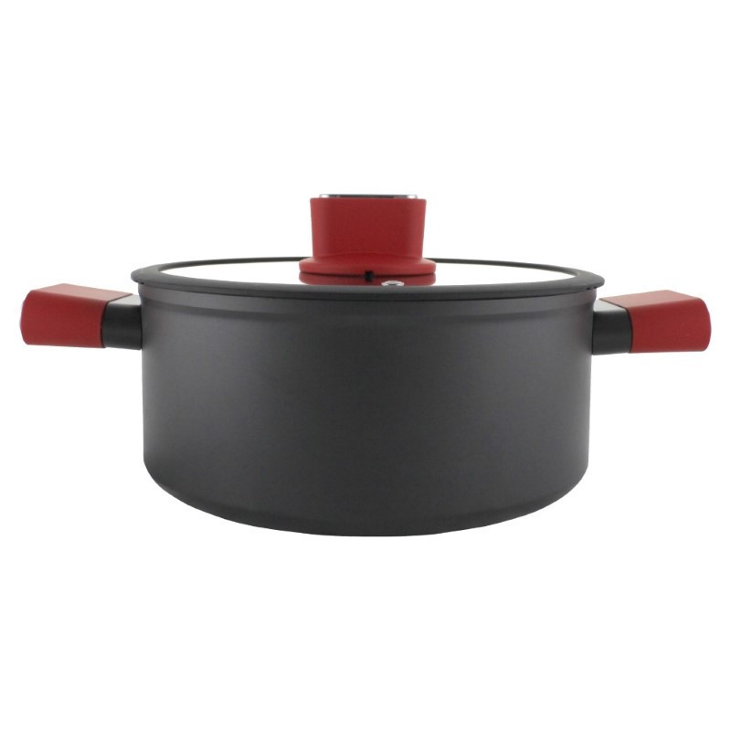 Cratiță din aluminiu, antiaderenta, cu capac de sticlă și mânere învelite în silicon roșu, distribuție uniformă a căldurii, 5L