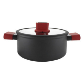 vas de gătit negru cu capac de sticlă cu orificiu de abur și mânere roșii