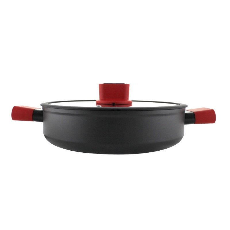 Cratiță din aluminiu joasă, nonstick cu capac de sticlă și mânere învelite în silicon roșu, distribuție uniformă a căldurii, 4L