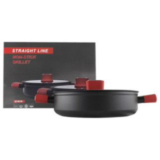 cratiță antiaderentă joasă cu capac și mânere colorate în fața cutiei colorate din carton în care este ambalată