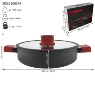 cratiță joasă teflon cu două mânere capac și specificații despre ambalaj greutate și dimensiuni