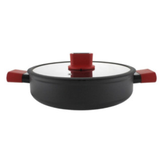 cratiță joasă cu înveliș antiaderent negru capac și două mânere învelite în silicon roșu