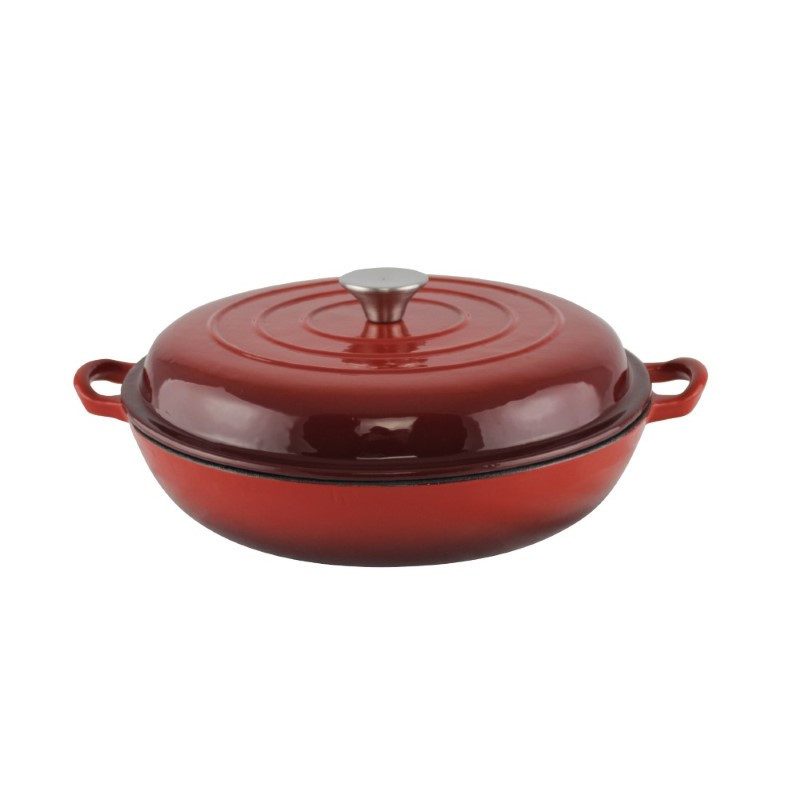 Cratiță din fontă joasă, rotundă, cu capac, emailată, potrivită pentru gătire lentă și o distribuție uniformă a căldurii, 30 cm