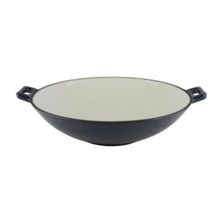 Wok din fontă emailată, cratiță rotundă și adâncă, ideală pentru prăjire, sotare și gătit la temperaturi ridicate, 37 cm