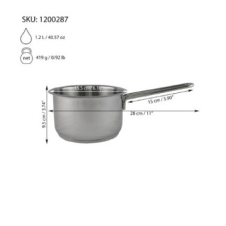 cratiță din inox cu un mâner și specificații despre capacitate greutate și dimensiuni