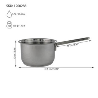 cratiță din inox cu un mâner și specificații despre greutate capacitate și dimensiuni