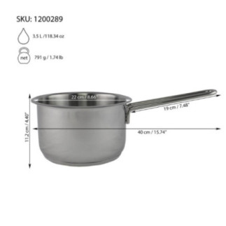 cratiță rotundă din inox cu un mâner și informații despre capacitate și dimensiuni