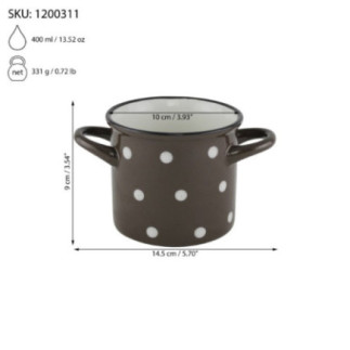 cană ceramică cu două mânere și informații despre dimensiuni greutate și capacitate