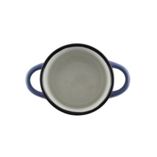 vas rotund alb în interior cu două mânere laterale albastre văzut de sus