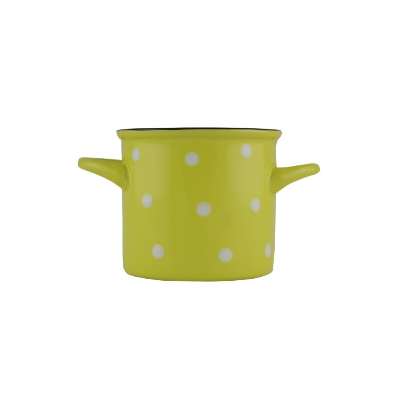 Cană ceramică cu două mânere, design retro, galben cu buline albe, ideală pentru servit supe, ciorbe, musli, iaurt, ceai, 400 ml