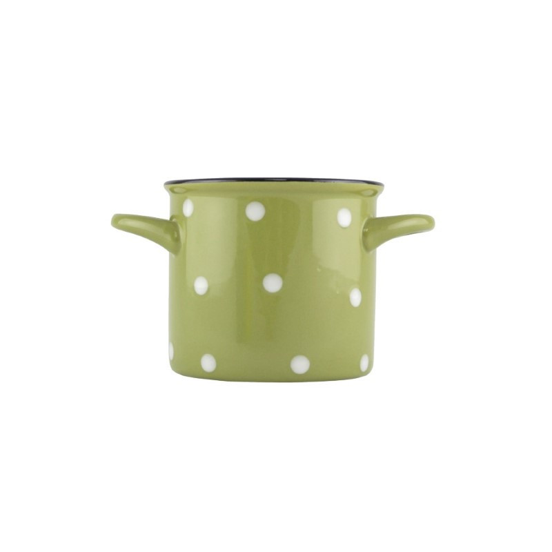 Cană ceramică cu două mânere, design retro, verde cu buline albe, ideală pentru servit supe, ciorbe, musli, iaurt, ceai, 400 ml