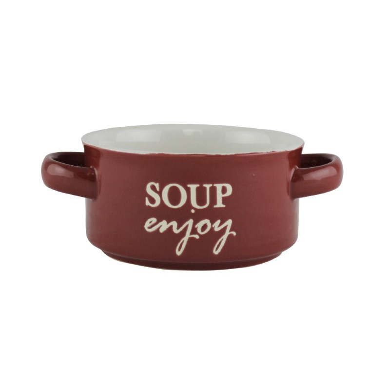 Bol ceramic cu două toarte, pentru servirea supei, ciorbei sau a tocănițelor, utilizare zilnică, stivuibil, roșu, 450 ml