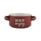 bol ceramic roșu pentru supă cu două mânere și text imprimat