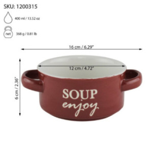 bol ceramic rotund cu mânere pentru servit supă cu informații despre dimensiuni și capacitate