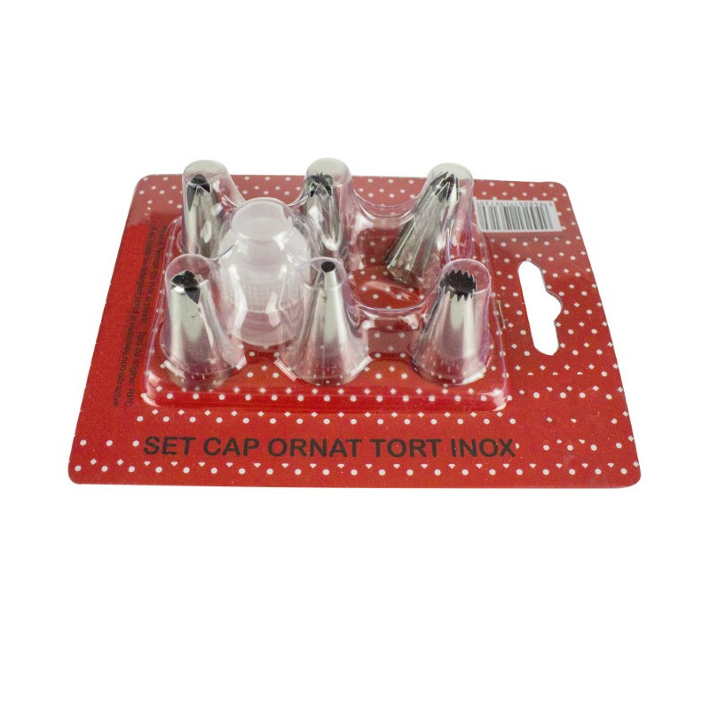 Set de duiuri inox cu 6 vârfuri diferite și dispozitiv de prindere, ideal pentru ornat, decorat și glazurat prăjituri, 7 piese