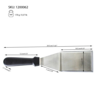 spatulă patiserie din inox cu mâner din plastic și informații despre dimensiuni și greutate trasate prin săgeți