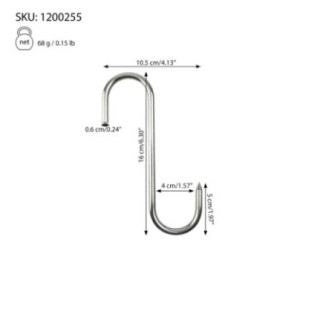 cârlig inox rezistent în formă de S cu dimensiuni marcate vizual prin săgeți