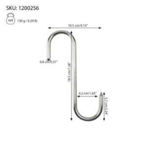 cârlig din inox cu vârf ascuțit și specificații despre dimensiuni trasate prin săgeți