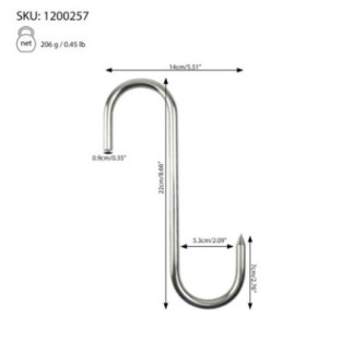 cârlig de carmangerie cu vârf ascuțit în formă de S și specificații despre dimensiuni și greutate