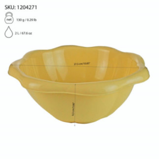 castron de gătit rotund galben cu formă ondulată și informații vizibile despre dimensiuni greutate și capacitate