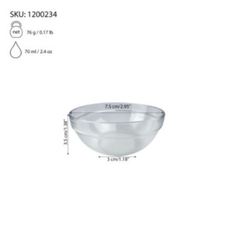 bol mic din sticlă cu informații despre greutate capacitate și dimensiuni