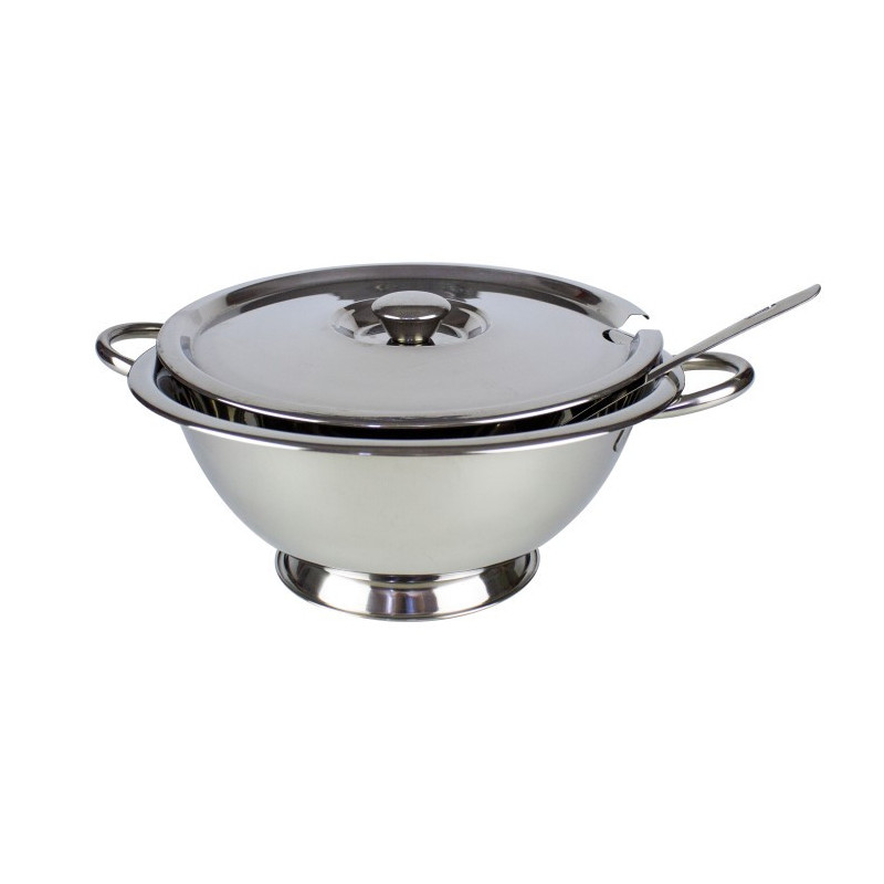 Supieră din inox cu capac și polonic, soluția ideală pentru servirea supelor și ciorbelor în cantine sau restaurante, 3 piese