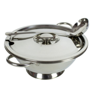 vas adânc pentru servit supă din inox lucios cu accesorii capac și polonic
