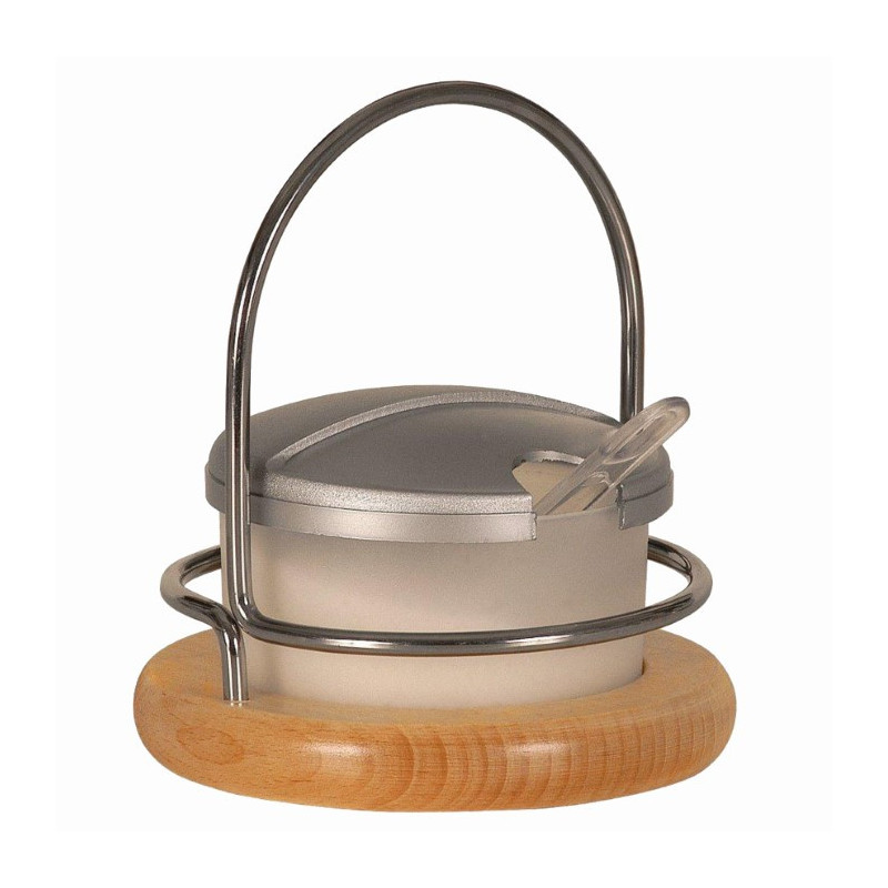 Zaharniță cu capac și linguriță pe suport lemn, design rustic și elegant perfectă pentru servirea zahărului, mierii sau dulceței