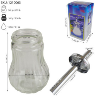 zaharniță din sticlă cu tijă pentru dozat și informații despre ambalaj capacitate și dimensiuni