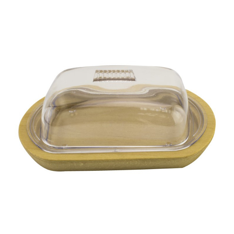 Untieră din plastic transparent pe suport rustic din lemn, potrivită pentru depozitarea în frigider și servirea la masă